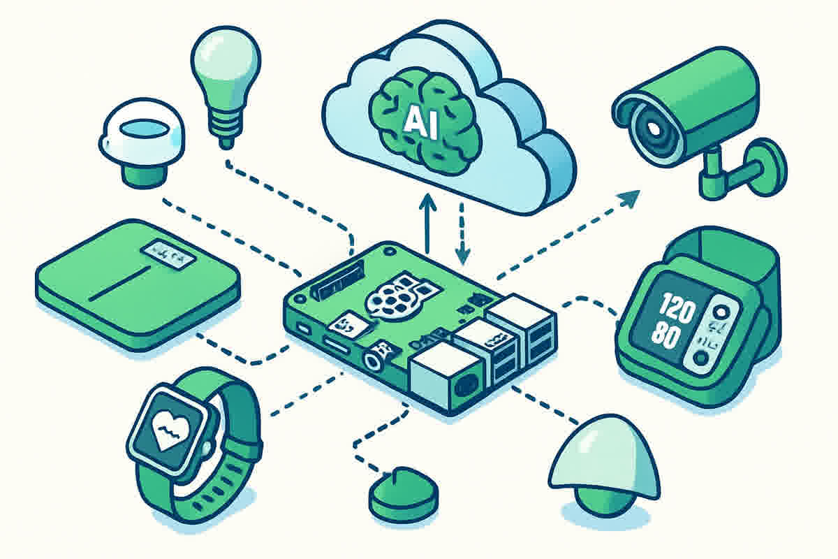 ClawCare ecosystem showing Raspberry Pi hub connected to smart scale, smart watch, blood pressure monitor, camera, and cloud AI
