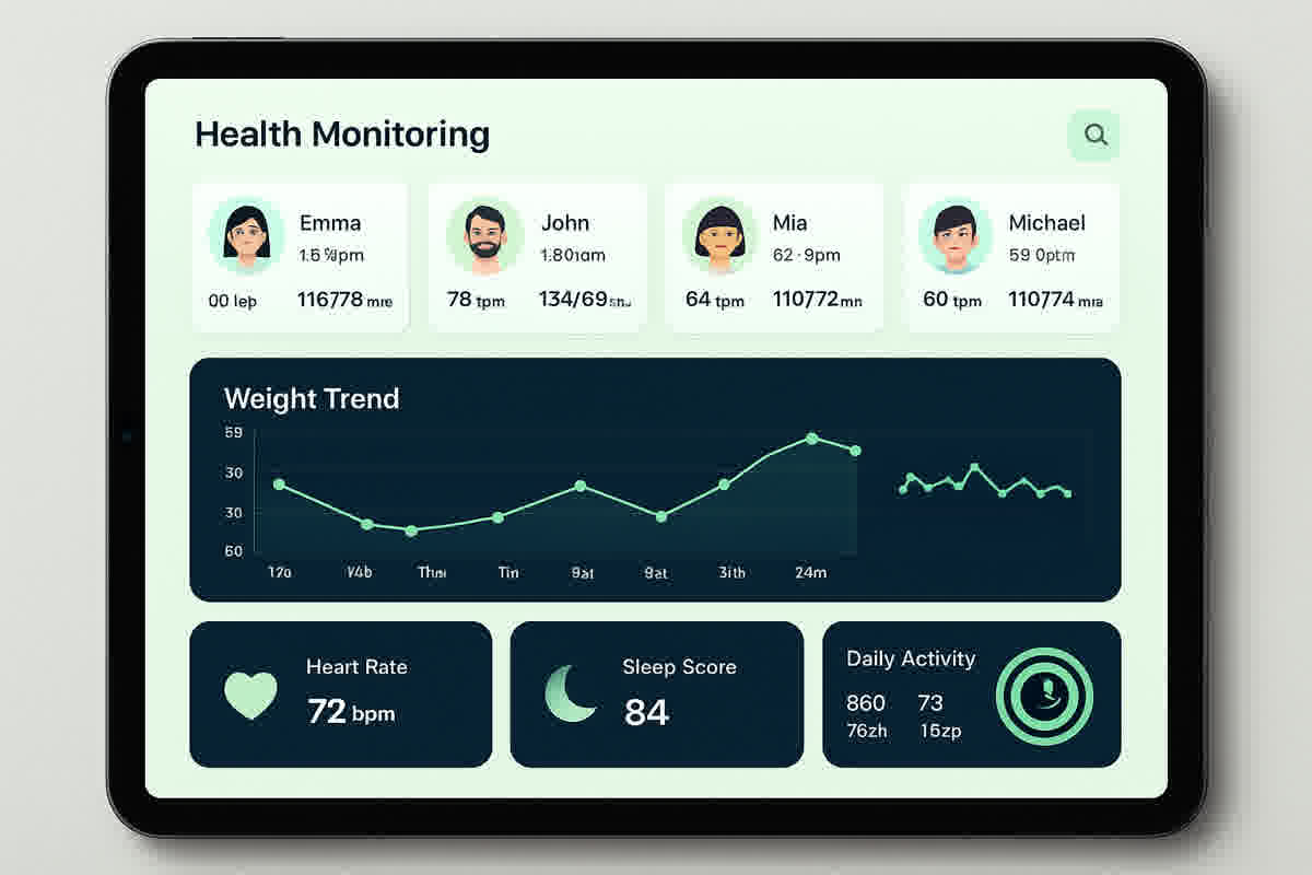 ClawCare AI Health Monitoring Dashboard showing family health profiles, weight trends, heart rate, and sleep scores